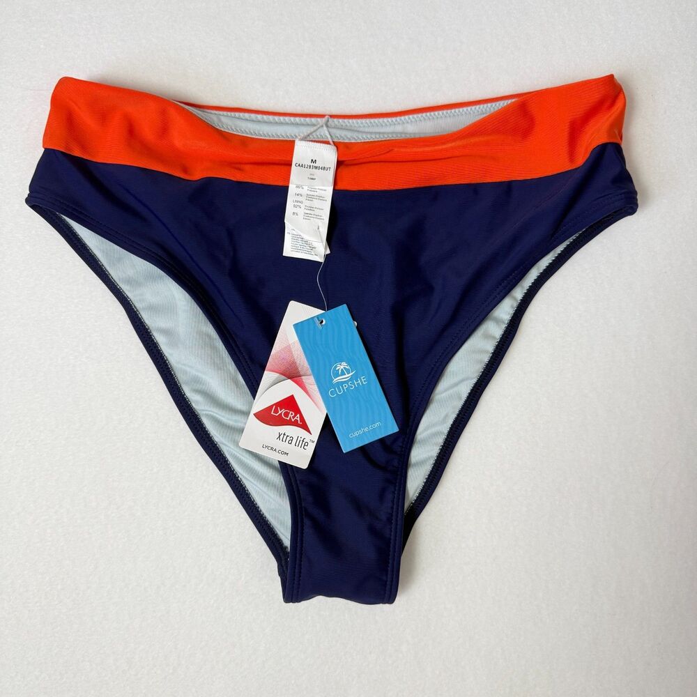 Cupshe Colorblock High Rise Bikini Bottoms Dark Navy Blue Orange Swim Size M NWT